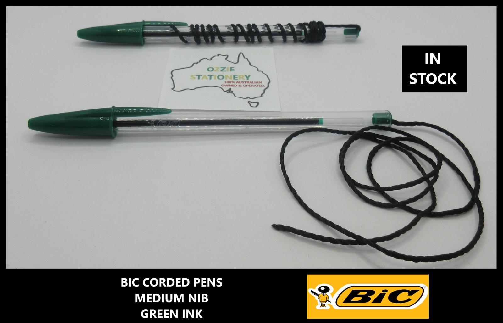 2 x BIC GREEN INK Cristal Ball Point Pens String Corded 1.0mm in stock