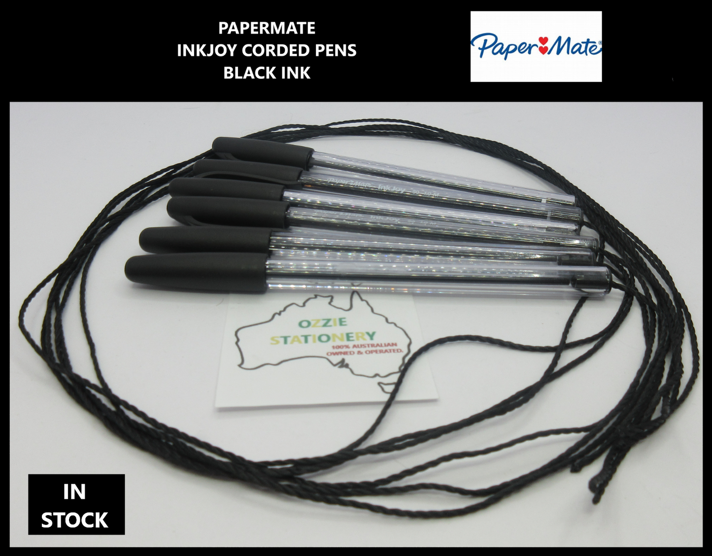 6 x Papermate Inkjoy BLACK INK Ball Point Pens String Corded B I C 1.0mm