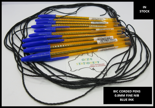 10 x BIC BLUE INK FINE NIB Cristal Ball Point Pens String Corded