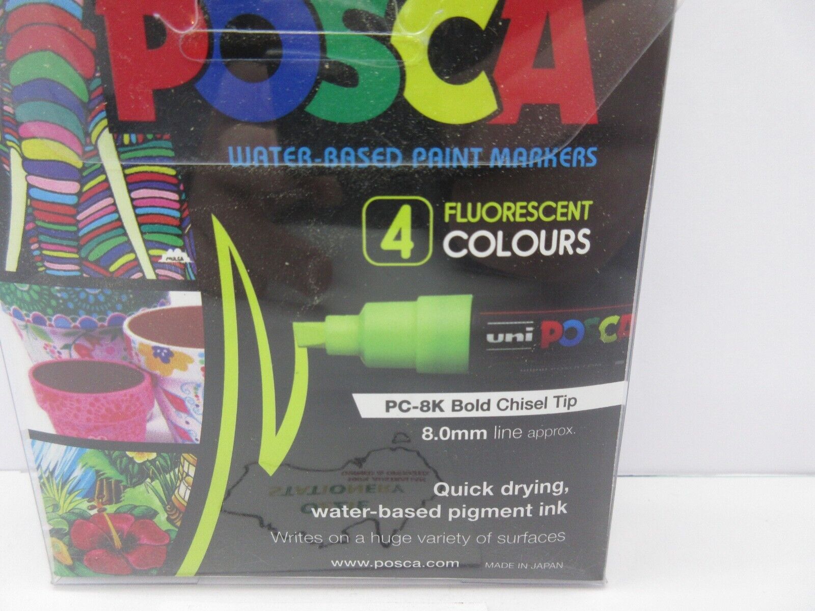 POSCA PC 8 K Paint Markers Chisel Tip 8mm Fluoro Fluorescent Assorted 4 Pack