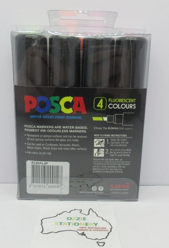 POSCA PC 8 K Paint Markers Chisel Tip 8mm Fluoro Fluorescent Assorted 4 Pack