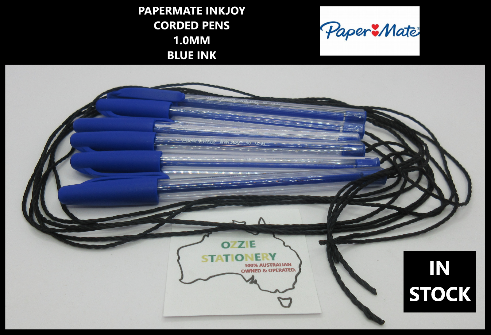 6 x Papermate Inkjoy BLUE INK Ball Point Pens String Corded B I C 1.0mm