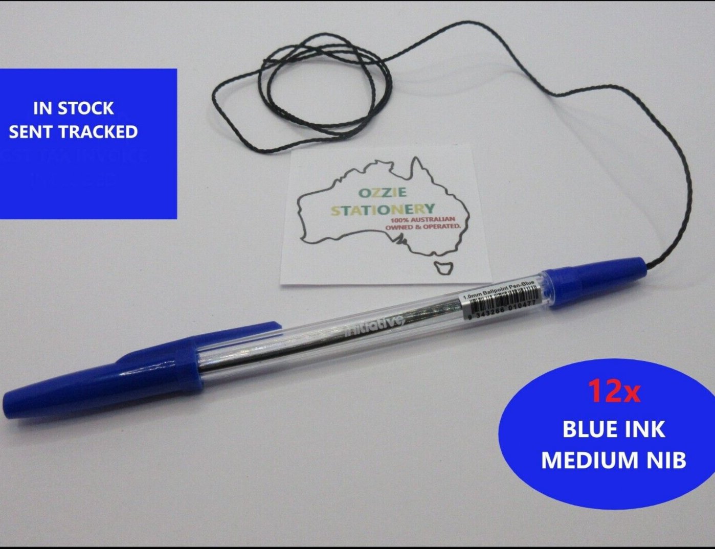 New In Box 12 x Initiative BLUE INK Ball Point Pens String B I C Corded 1.0mm