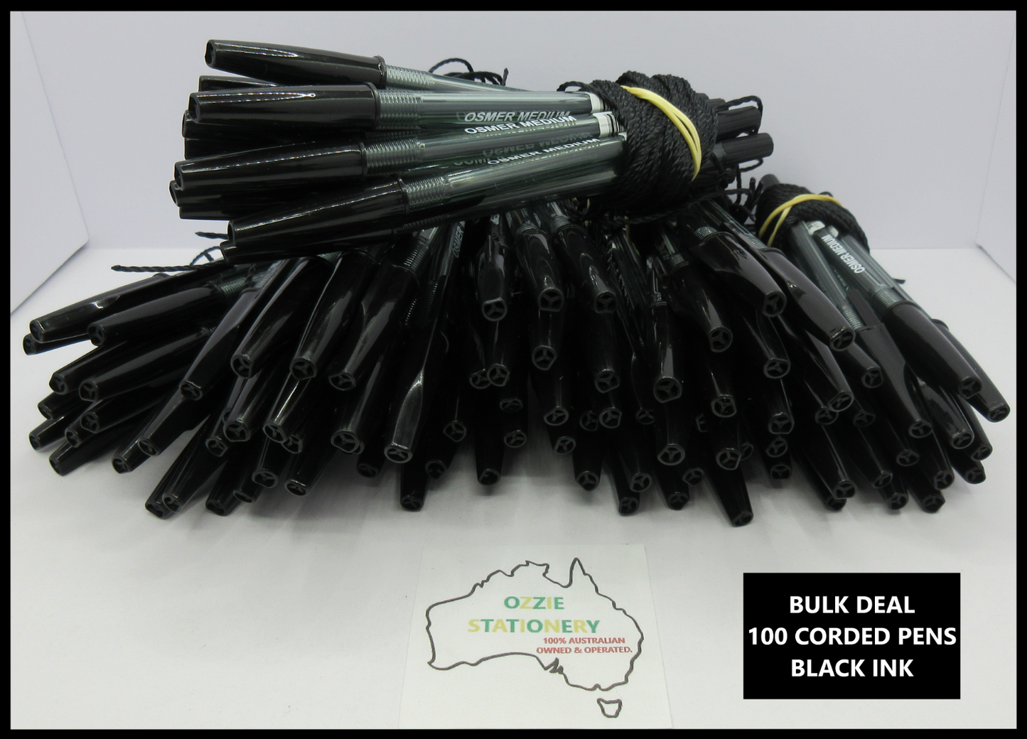 BULK BUY 100 x OSMER BLACK INK Ball Point Pens String B I C Corded 1.0mm