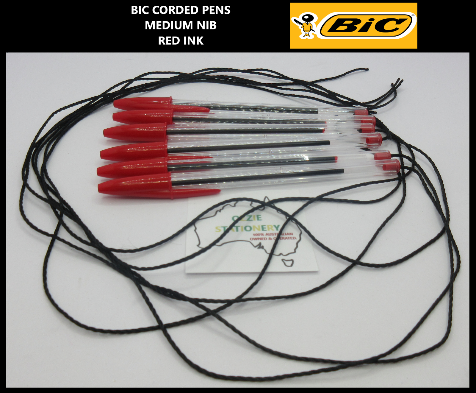 6 x BIC RED INK Cristal Ball Point Pens String Corded 1.0mm  In Stock Now