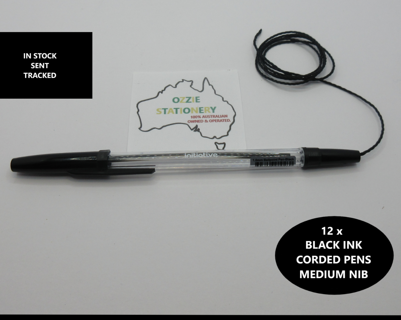 New In Box 12 x Initiative BLACK INK Ball Point Pens String Corded B I C 1.0mm