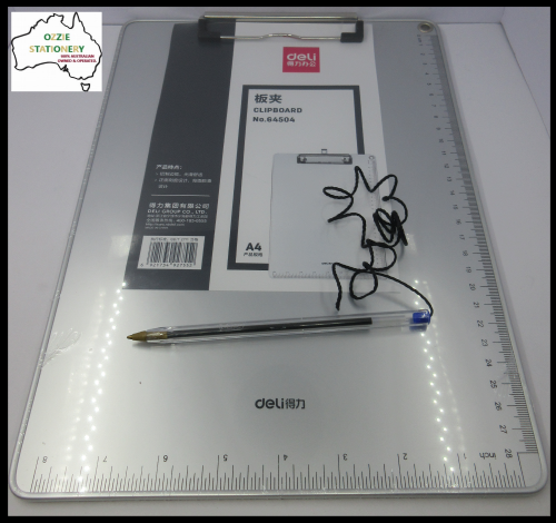 1 x A4 ALUMINIUM Clipboard w/ Wire Clip 43300 with Bic corded pen Blue Ink