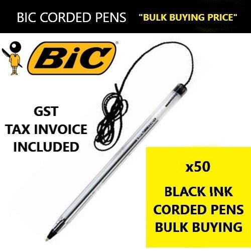 Bulk Buy 50 x BIC BLACK INK Cristal Ball Point Pens String Corded 1.0mm 10247