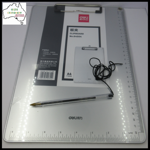 1 x A4 ALUMINIUM Clipboard w/ Wire Clip 43300 with Bic corded pen Black Ink