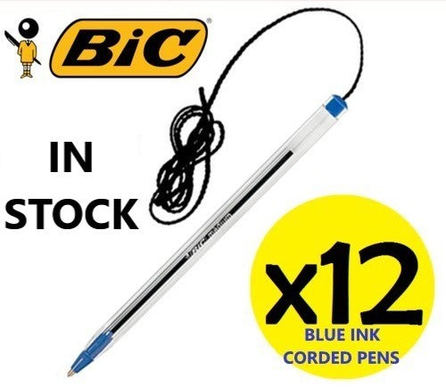 Box 12 x BIC BLUE INK Cristal Pens String Corded 1.0mm 10217  Sent Tracked