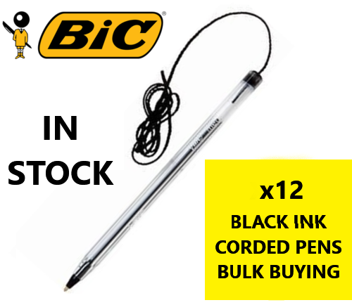 Box 12 x BIC BLACK INK Cristal Pens String Corded 1.0mm 10247