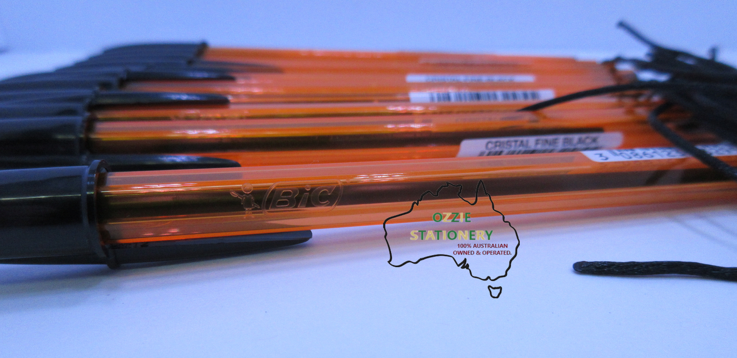 10 x BIC BLACK INK FINE NIB Cristal Ball Point Pens String Corded